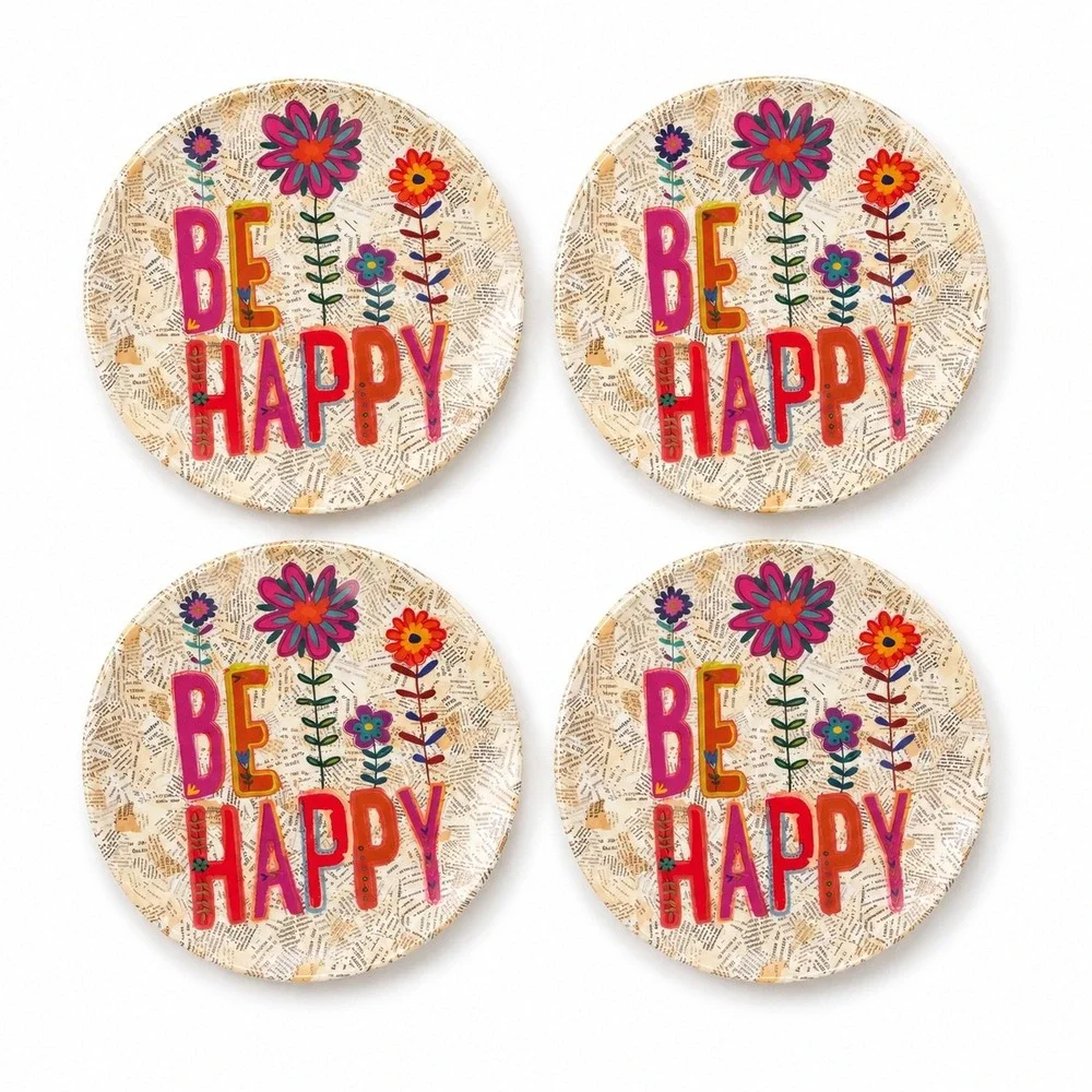 Natural Life Be Happy Melamine Salad Plate Set of 4 Floral Newspaper Print Boho